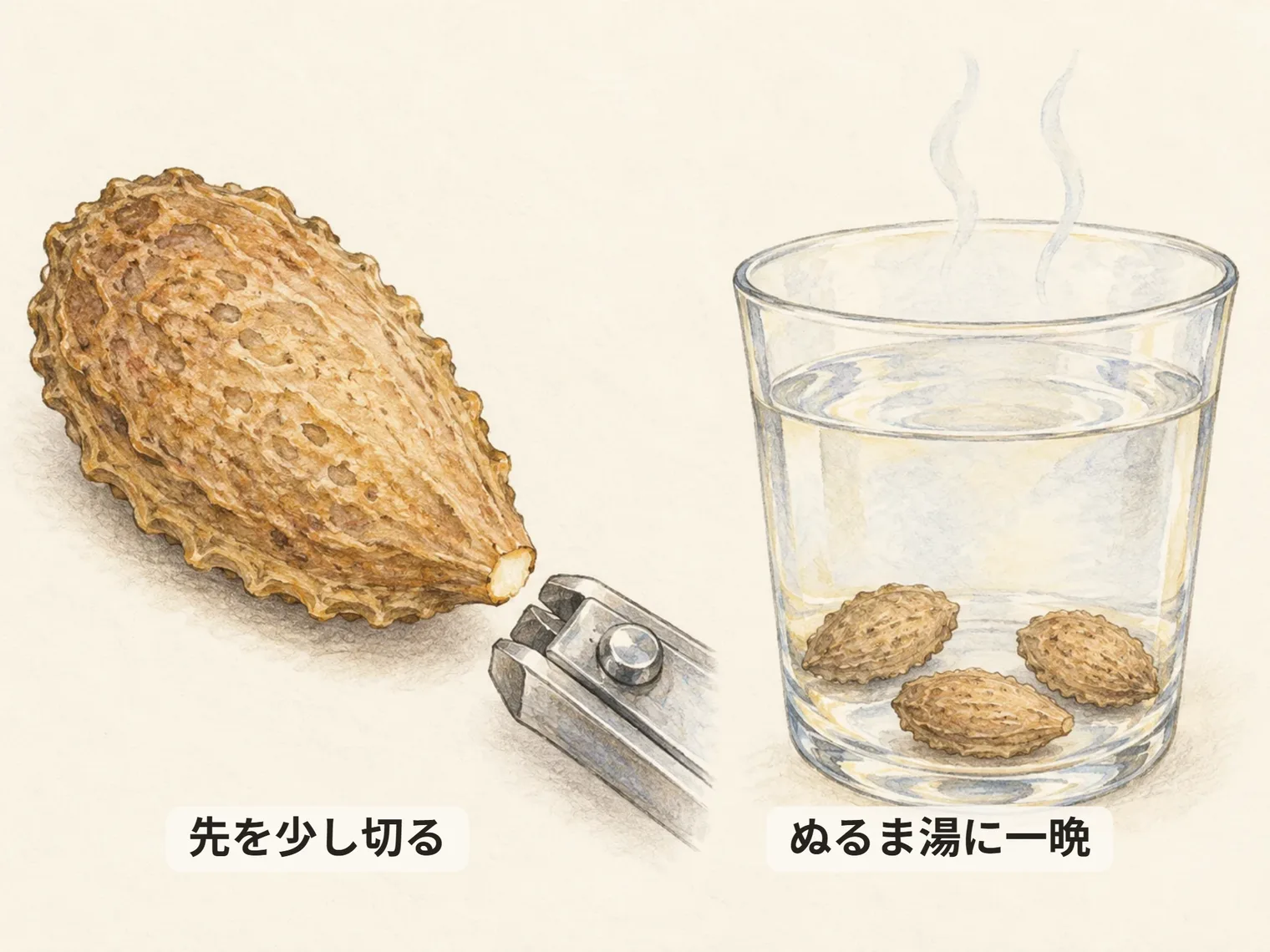 先を少し切る。ぬるま湯に一晩