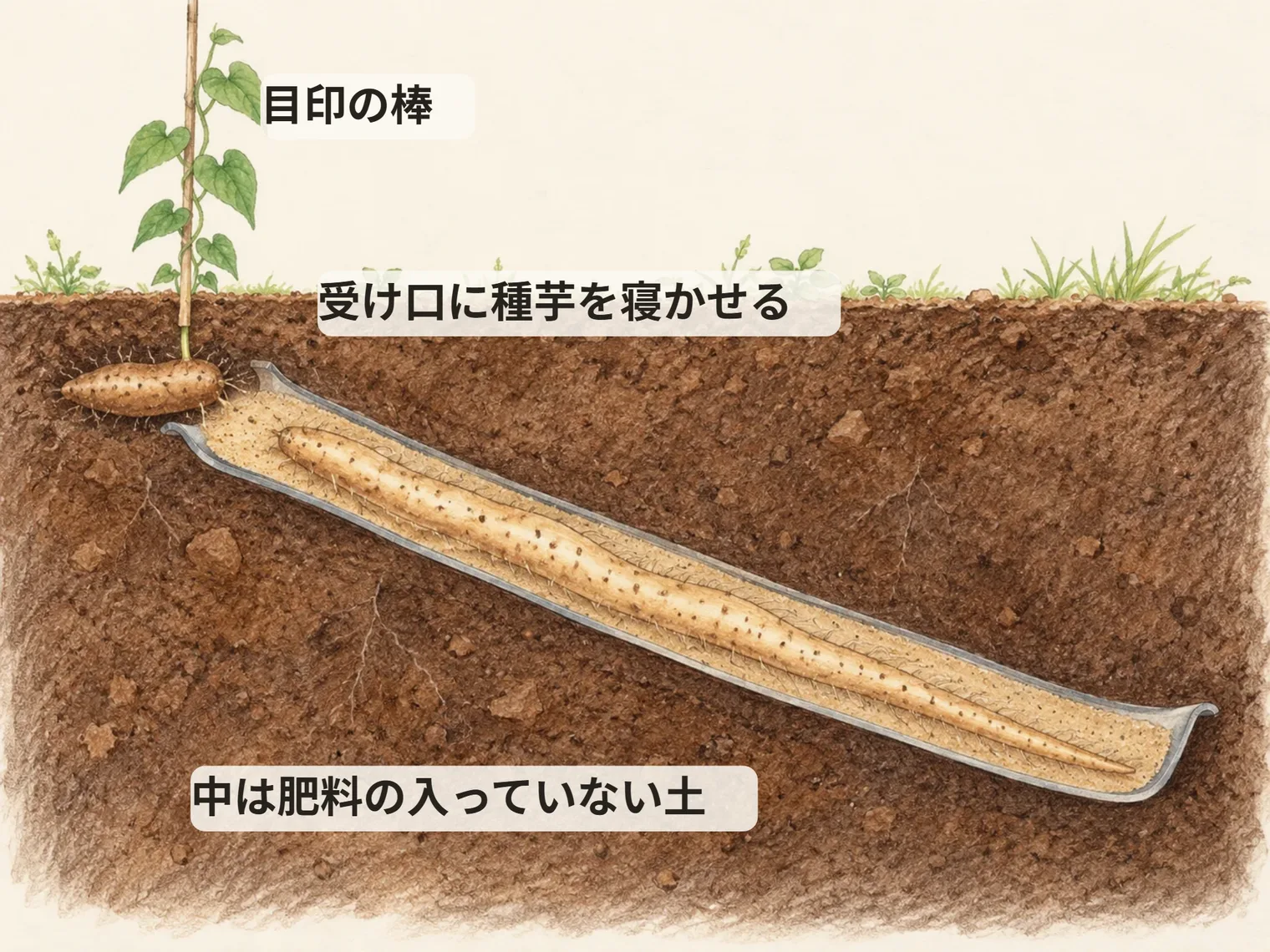 斜めに埋めた波板の浅いほうの端が受け口。その上に種芋を横に寝かせ、芽の出る側を地表の目印の棒に合わせる。波板の中はまわりより明るい色の、肥料の入っていない土で満たす