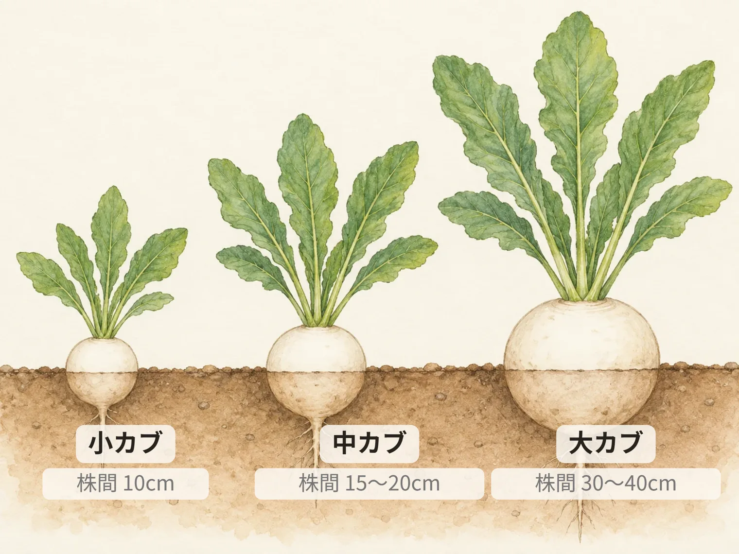 小カブ。株間 10cm。中カブ。株間 15〜20cm。大カブ。株間 30〜40cm