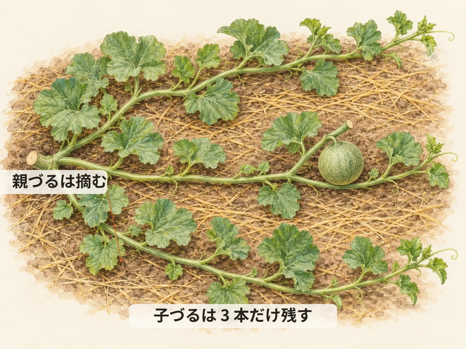 親づるは摘む。子づるは 3 本だけ残す