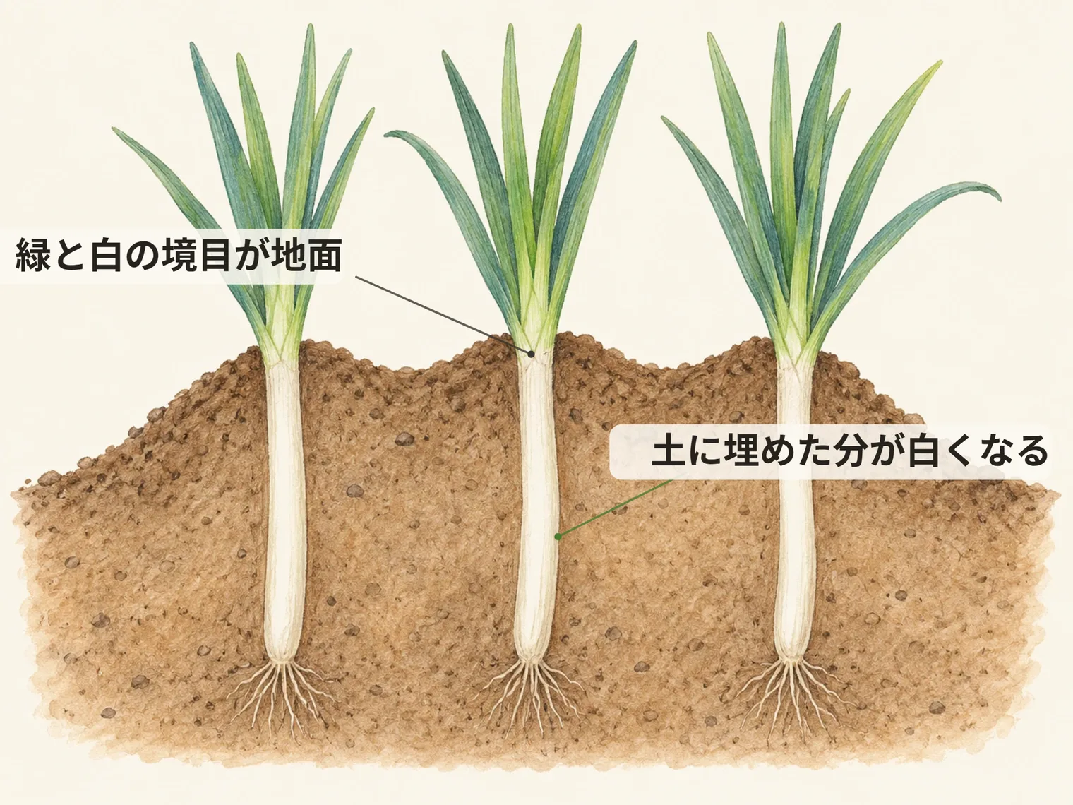 土に埋めた分が白くなる。緑と白の境目が地面