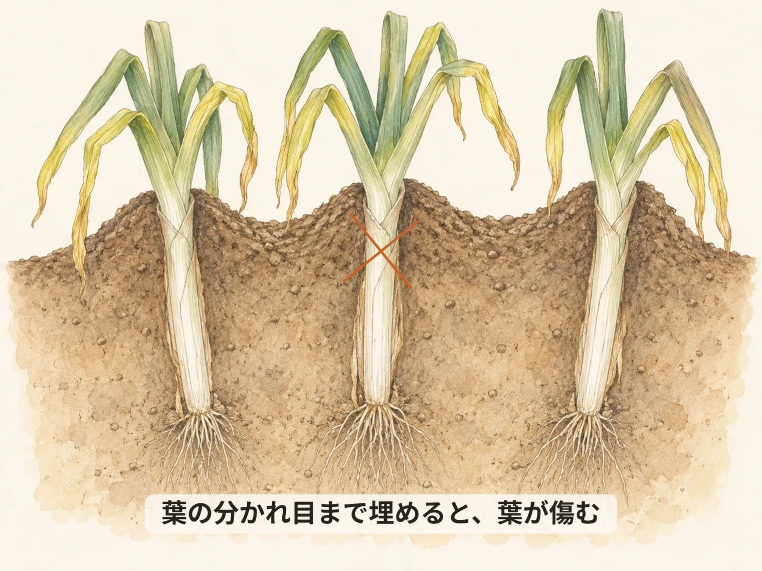 葉の分かれ目まで埋めると、葉が傷む