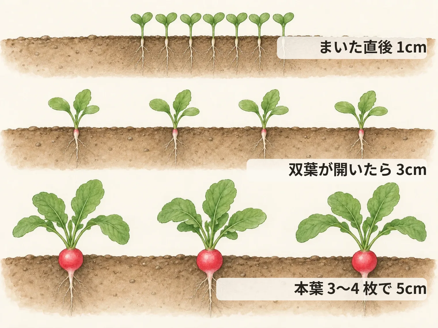 まいた直後 1cm。双葉が開いたら 3cm。本葉 3〜4 枚で 5cm