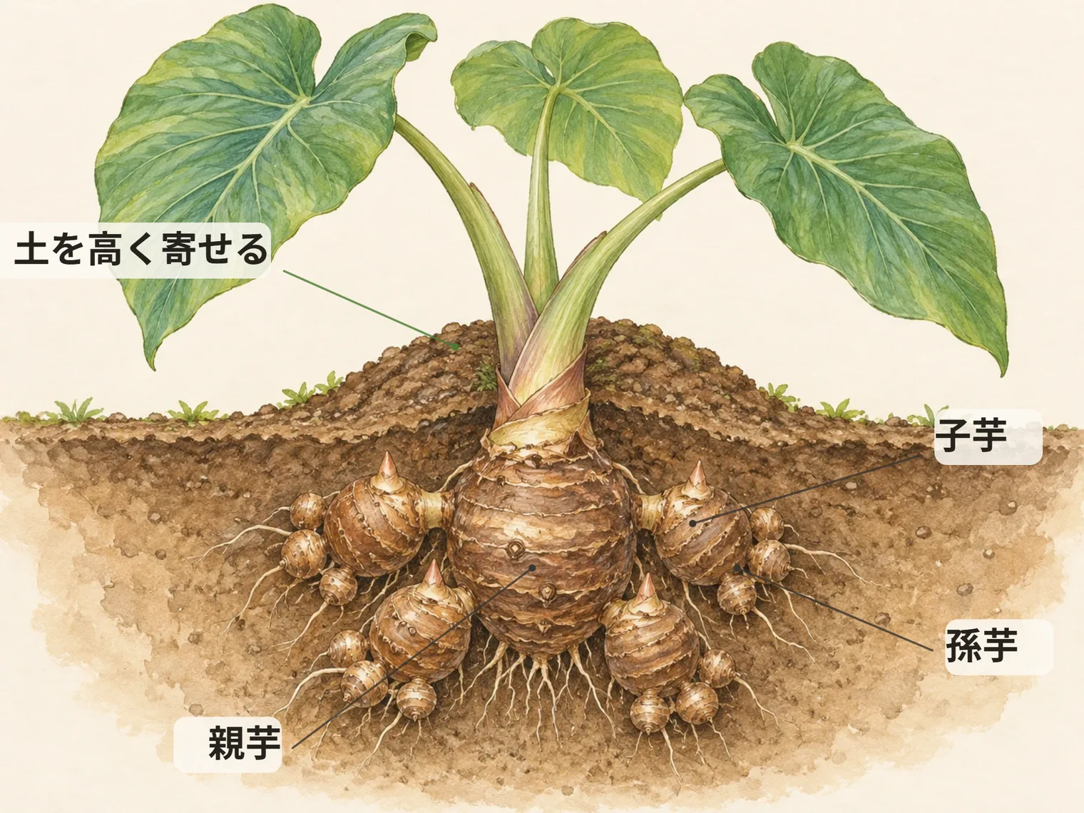 親芋。子芋。孫芋。土を高く寄せる